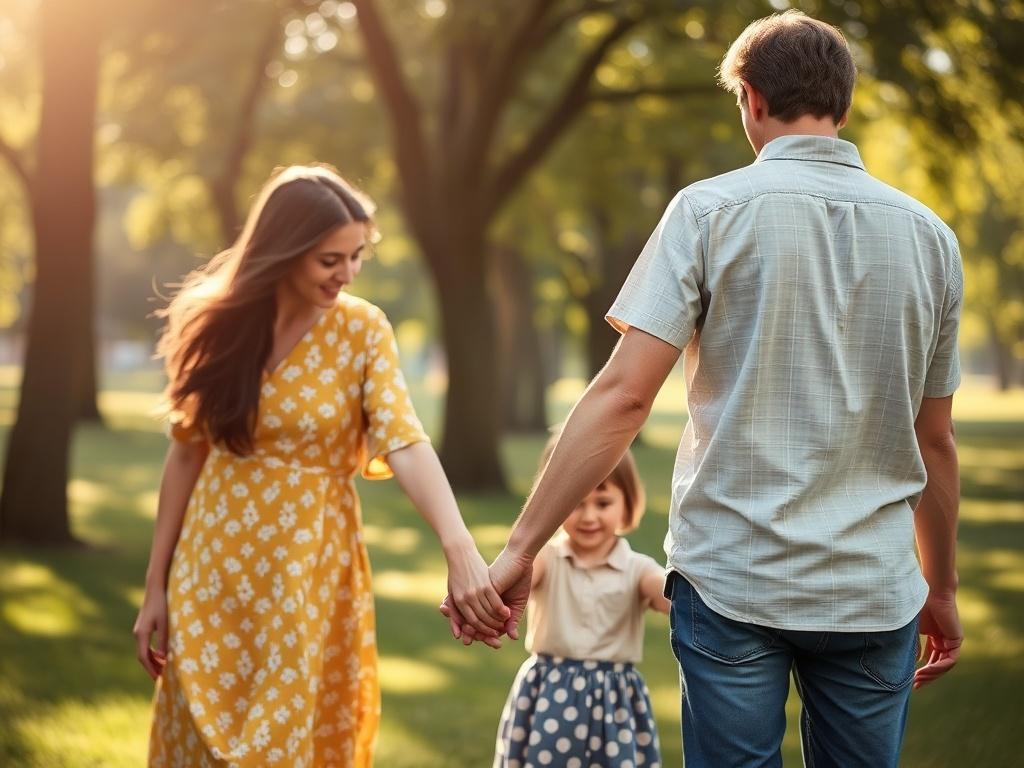 A close-up shot of a family holding hands in a park, with sunlight filtering through the trees, taken with a 45mm f/1.2 lens. The image should convey love, connection, and security.