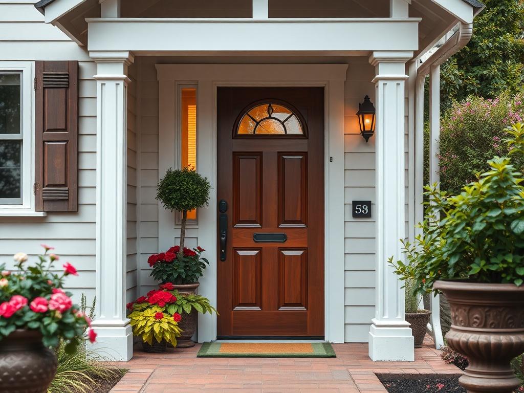 A close-up shot of a welcoming front door of a house, with a beautiful garden in the background, captured with a 45mm f/1.2 lens. The image should evoke a sense of warmth and security.