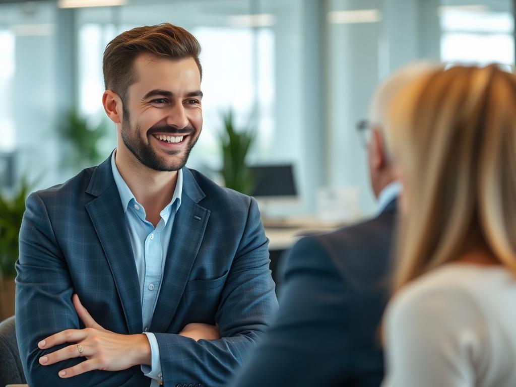 A close-up shot of a confident insurance agent smiling and interacting with a client in a modern office setting. The background should be softly blurred to emphasize the agent and client interaction. The agent should be wearing professional attire, and the setting should convey a sense of trust and professionalism. The lighting should be bright and welcoming, and the color scheme should align with the primary color rgb(21, 196, 244).