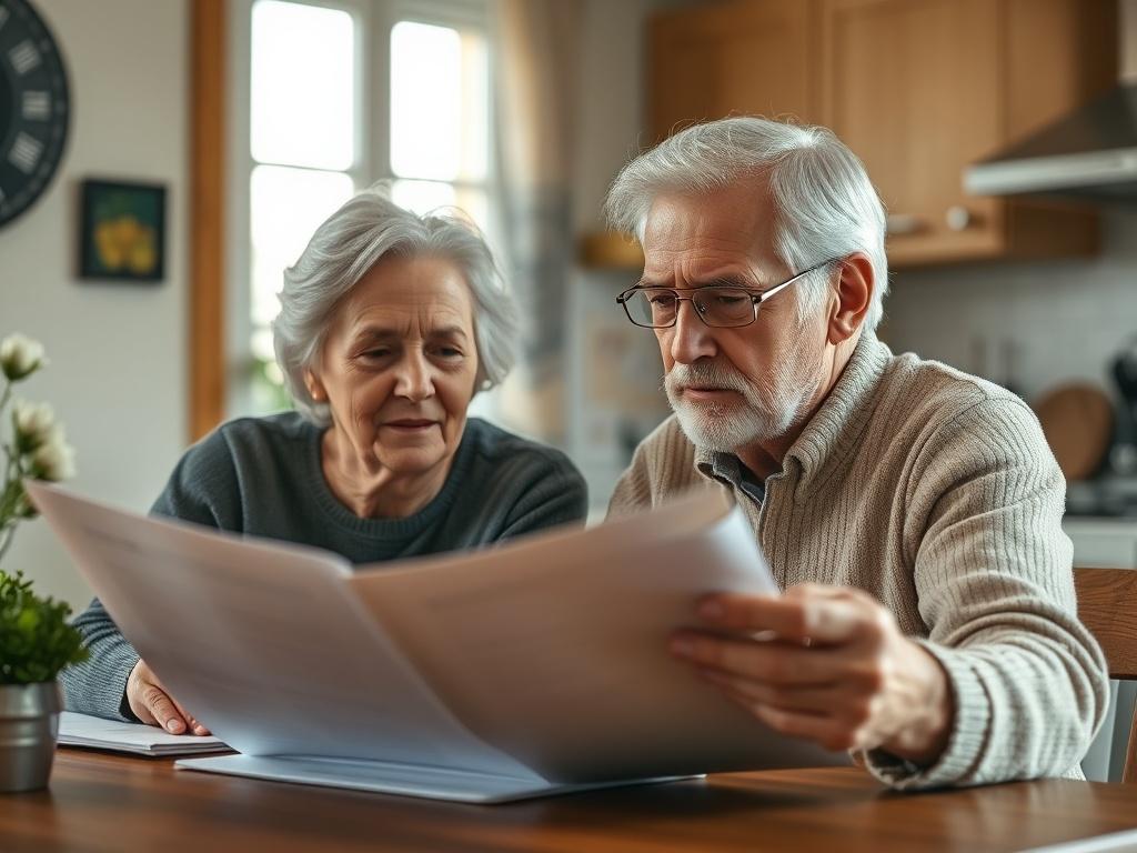 A close-up shot of a senior couple reviewing financial documents together at a cozy kitchen table, with a warm and inviting atmosphere. The couple appears engaged and thoughtful, reflecting the importance of planning for retirement. The background features soft, natural light filtering through a window, highlighting the intimacy of their discussion. The color palette includes elements of green and blue to evoke a sense of calm and security, aligning with the brand's primary color rgb(21, 196, 244). The shot