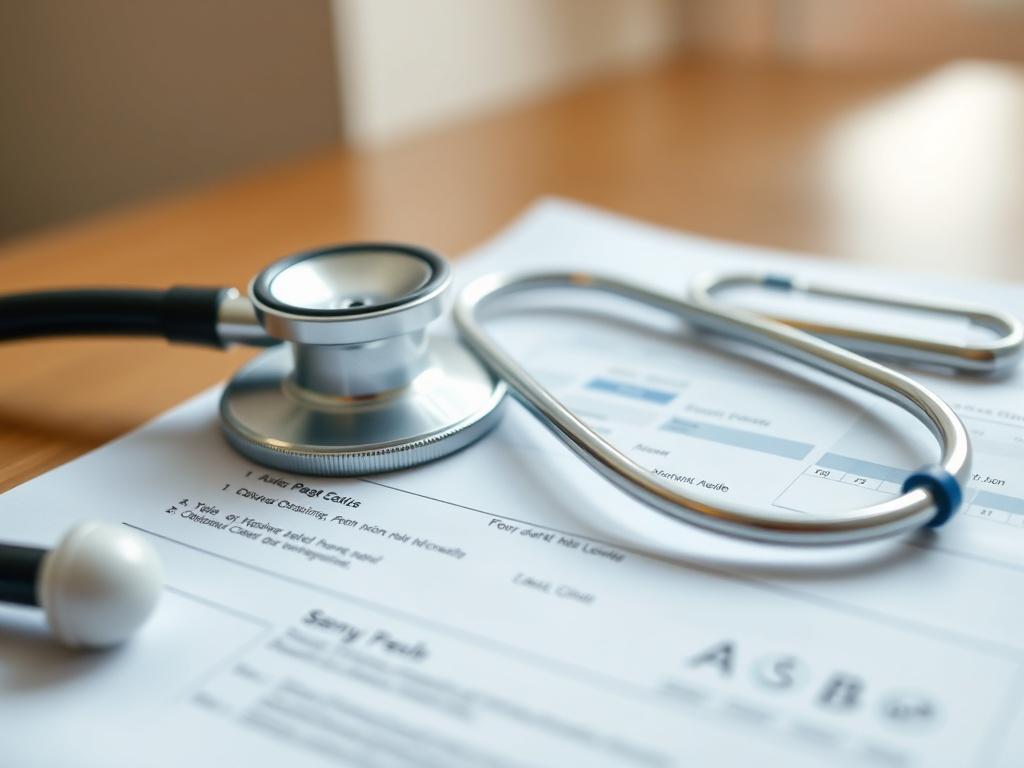 A hyper-realistic close-up of a doctor's stethoscope placed on a medical report, softly illuminated by natural light. The background is slightly blurred, emphasizing the stethoscope, which symbolizes health and care. The color palette should align with rgb(21, 196, 244), focusing on warmth and professionalism.