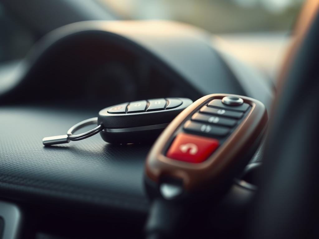 A hyper-realistic close-up of a car key on a car dashboard, with soft natural light illuminating the scene. The focus is on the car key, while the dashboard is slightly blurred in the background, creating a sense of depth. The color scheme should be compatible with rgb(21, 196, 244). The image should evoke a sense of security and reliability.