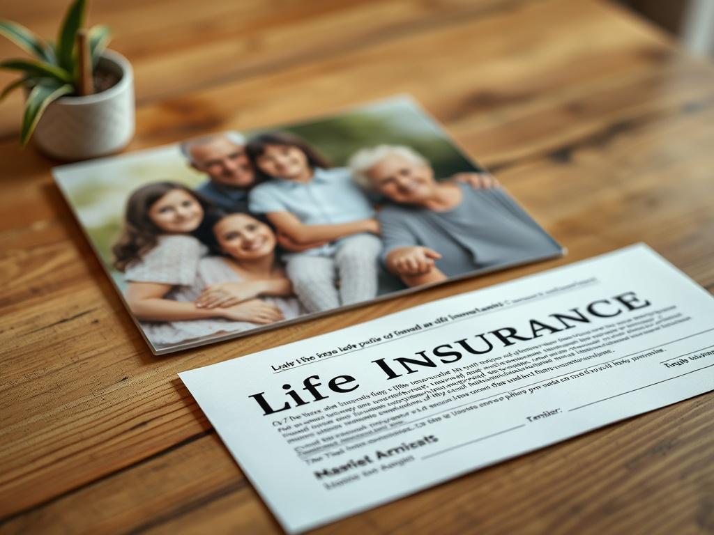 A close-up shot of a family photo on a wooden table, with a soft focus on a life insurance policy document beside it. The warm lighting creates a comforting atmosphere, emphasizing the importance of family. The image should reflect trust and security, with colors that are compatible with rgb(21, 196, 244).