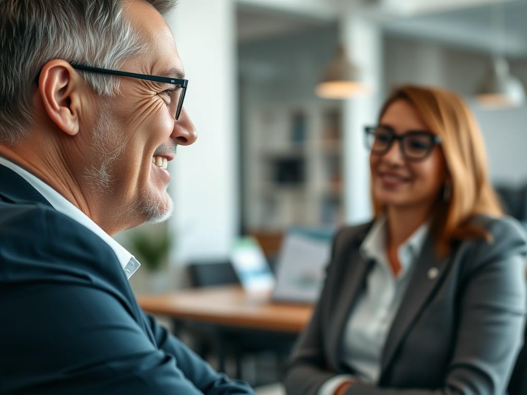 A close-up shot of a friendly insurance agent in a professional setting, engaging with a client in a modern office. The agent is smiling and looking attentive, while the client appears relaxed and interested. The background should be softly blurred to keep the focus on the interaction, featuring elements like a desk with insurance brochures and a computer. The lighting is bright and inviting, reflecting a clean and welcoming atmosphere.