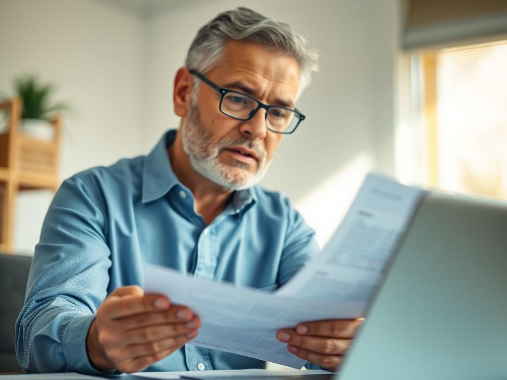 A close-up shot of a confident, middle-aged person analyzing financial documents in a well-lit office, showcasing a sense of security and planning for retirement. The background should be simple and clean, emphasizing a professional atmosphere. The colors should be bright and inviting, with a focus on blues and greens to convey trust and stability.