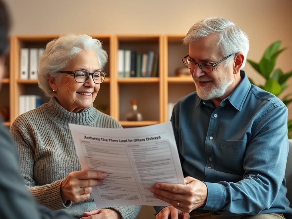 Create a hyper-realistic close-up shot of an elderly couple discussing their retirement plans with a financial advisor. The setting should be a cozy office with warm lighting. The couple should look engaged and happy, holding a document that outlines their annuity options. The background should feature a bookshelf with financial literature and a green plant, reflecting a clean and professional atmosphere.