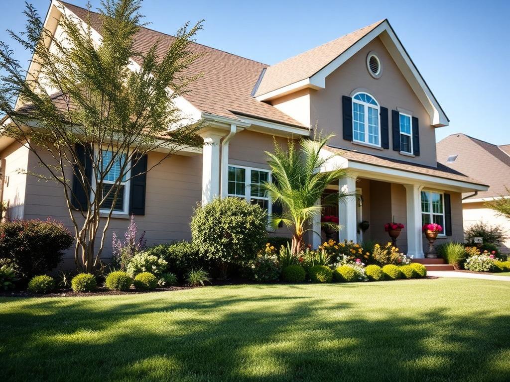 A realistic high-resolution close-up shot of a beautiful suburban home with a well-maintained lawn and garden, emphasizing the safety and comfort of the residence. The image should focus on the front entrance of the house, showcasing a welcoming atmosphere. The background should include a clear blue sky, enhancing the sense of security and peace that homeowners insurance provides. The composition should be simple and clear, capturing the essence of a safe home.