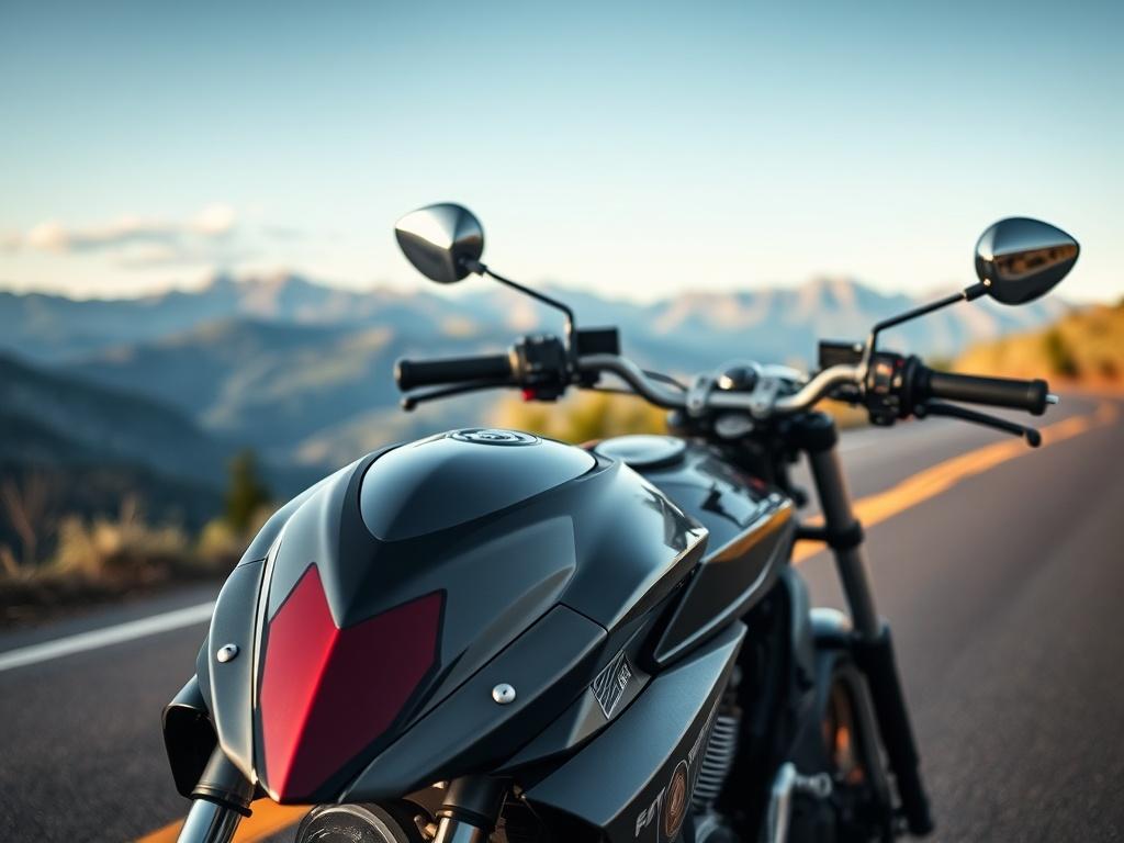 A close-up shot of a gleaming motorcycle parked on a scenic road with mountains in the background. The image should capture the essence of adventure and freedom associated with motorcycle riding. The motorcycle should be the clear focus of the composition, with a soft blur effect on the background to enhance the subject. The lighting should be bright and inviting, showcasing the motorcycle's details and the natural beauty of the surroundings. The final image should be realistic and high-resolution, shot wit