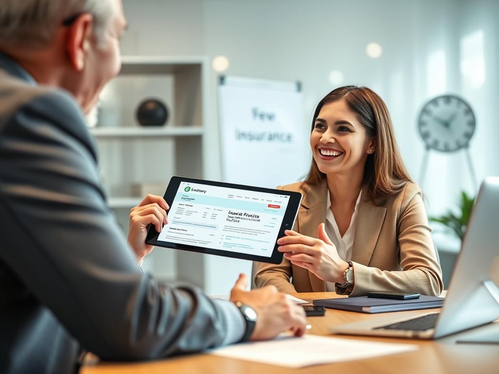 A close-up shot of a professional insurance agent sitting at a desk, smiling and engaging with a client. The agent is holding a tablet displaying insurance quotes, with documents neatly organized on the desk. The background features a clean office environment with soft lighting, emphasizing trust and professionalism. The colors in the image should reflect a fresh and inviting atmosphere.