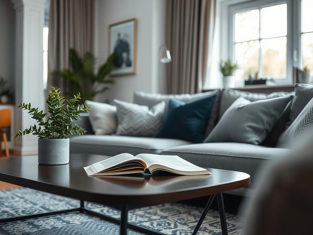 A close-up shot of a stylish living room with a cozy sofa, a coffee table with personal items like a book and a decorative plant, and a window letting in natural light. The room should have a clean, modern design, showcasing a sense of comfort and security. The background should be softly blurred to emphasize the personal belongings while maintaining a warm and inviting atmosphere. The color scheme should incorporate shades of blue and green, aligning with the primary color rgb(21, 196, 244).