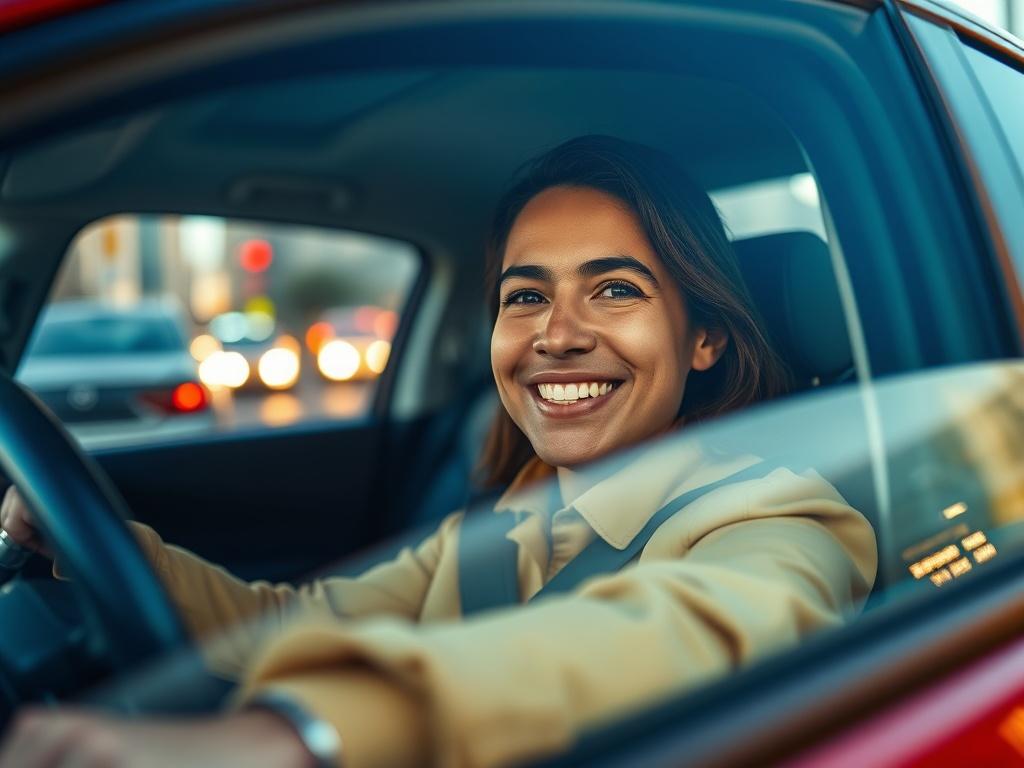 A close-up shot of a confident driver smiling in their car, reflecting the feeling of safety and security provided by auto insurance. The background should be a blurred cityscape, emphasizing movement and vitality. The colors should be bright and inviting, with a focus on the driver and the vehicle.