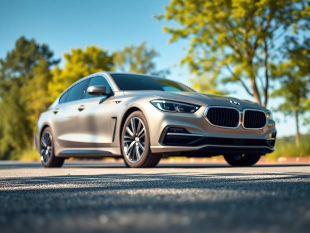 A realistic high-resolution photo of a modern car parked on a scenic road, with a clear blue sky and lush green trees in the background. The focus should be on the car, showcasing its sleek design, while the surroundings enhance the feeling of freedom and adventure. The image should convey a sense of safety and assurance.