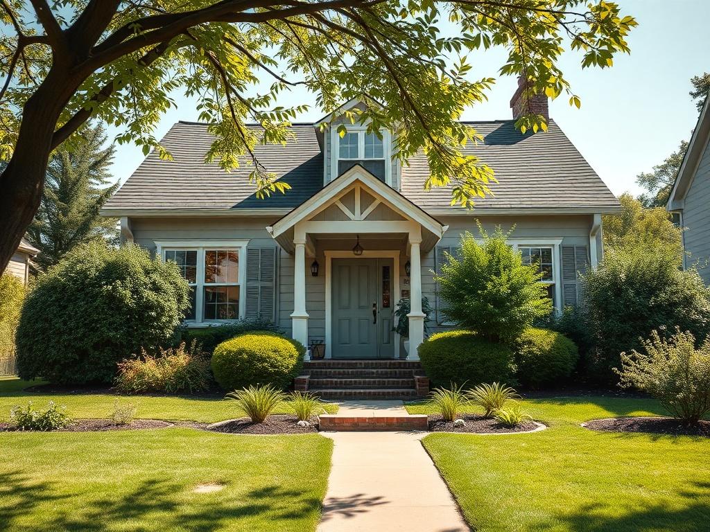 A realistic high-resolution photo of a cozy suburban home with a well-maintained garden, under a bright sunny sky. The focus should be on the house, highlighting its welcoming features, while the lush greenery adds a sense of tranquility and safety. The image should evoke feelings of warmth and security.