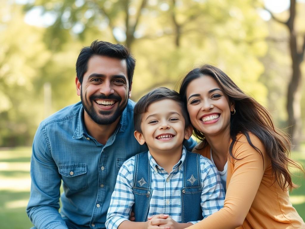 A realistic high-resolution photo of a happy family enjoying a day outdoors, surrounded by nature. The focus should be on the family members’ joyful expressions, capturing the essence of love and togetherness. The background should feature a beautiful park setting, symbolizing the importance of family connections and future security.