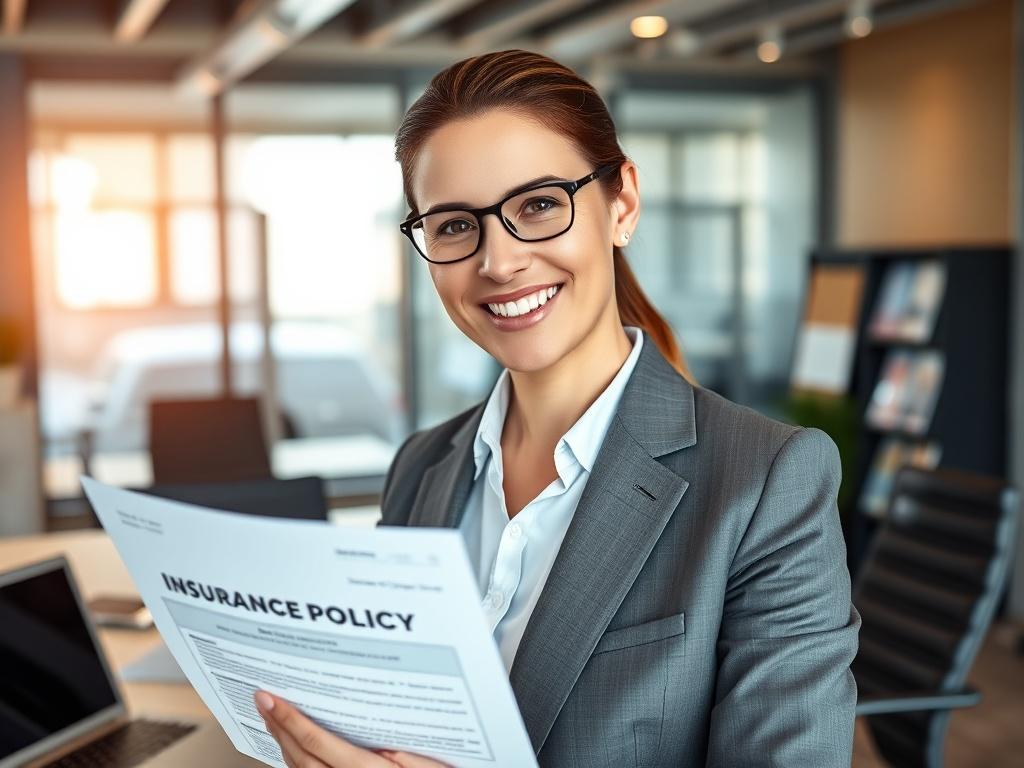 A close-up shot of a professional insurance agent in a modern office setting, wearing business attire, smiling confidently while holding an insurance policy document. The background features a sleek desk with a laptop and insurance-related brochures. The lighting is warm and inviting, emphasizing the agency's commitment to customer service.