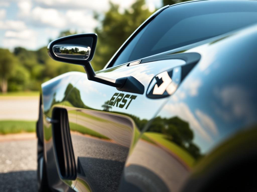 A close up shot of a sleek, modern car parked