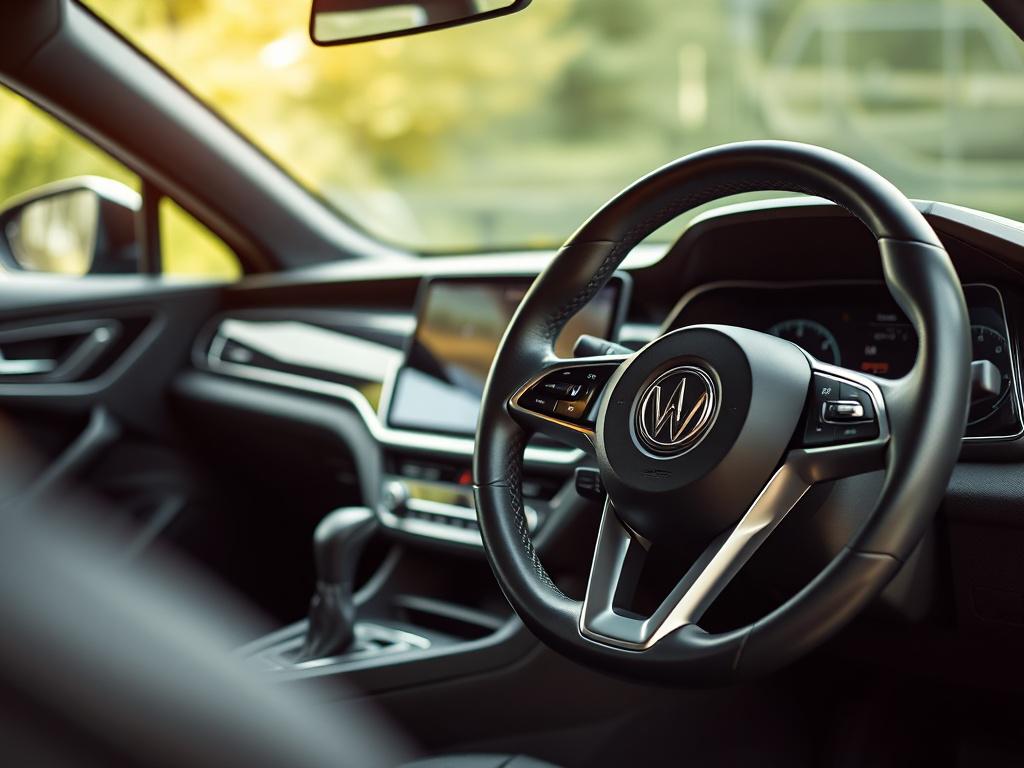 A close-up shot of a modern car interior, showcasing the dashboard and steering wheel in a hyper-realistic style. The focus is on the sleek design and technology, with natural lighting illuminating the features. The background is softly blurred to emphasize the car's interior, creating a clean and green aesthetic.