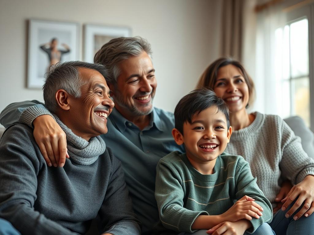 A close-up shot of a family gathered together in a living room, showcasing love and connection. The image captures genuine smiles and interaction, emphasizing the importance of family bonds. The background is softly blurred, focusing on their joyful expressions and creating a heartwarming scene.