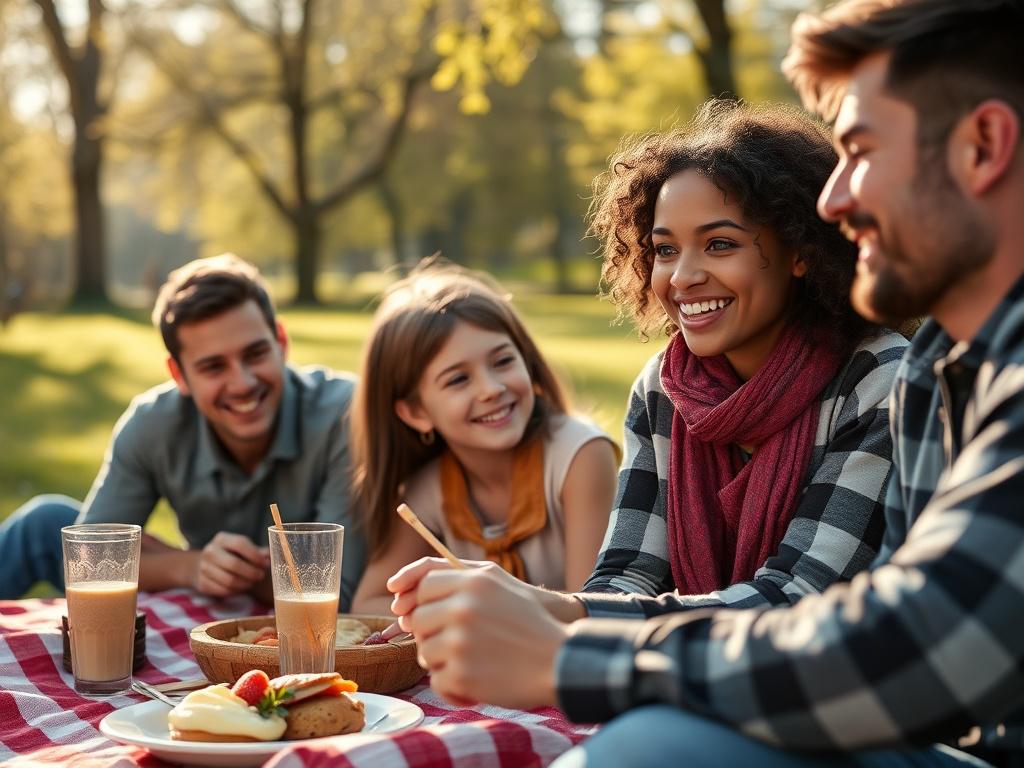 A close up shot of a family of four enjoying