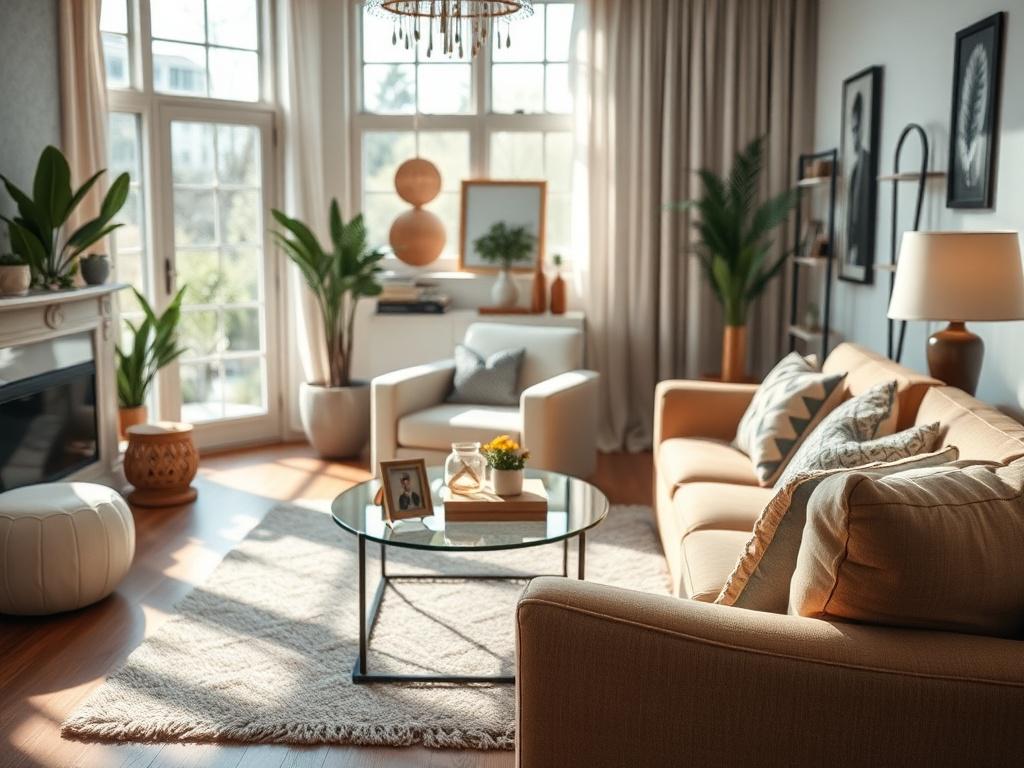 A hyper-realistic close-up of a cozy living room, featuring stylish furniture and decorations. The focus is on a welcoming atmosphere, with natural light streaming in through a window. The background is softly blurred, emphasizing the warmth and comfort of the home environment.