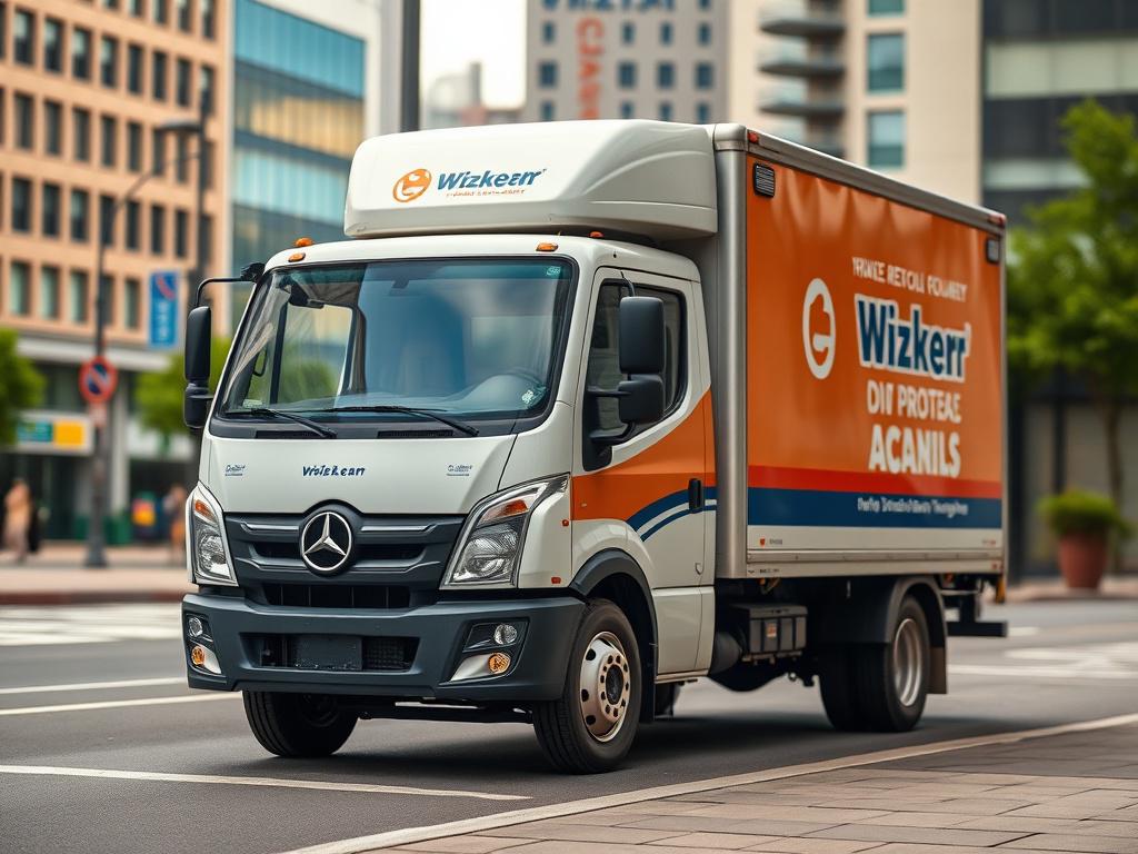 A high-resolution image of a commercial vehicle, such as a delivery truck, parked in an urban setting. The focus should be on the truck, showcasing its details and branding. The background should include a blurred cityscape, emphasizing the vehicle's role in business. Use soft natural lighting to enhance the realism and vibrancy of the scene, ensuring the image is compatible with the rgb(21, 196, 244) primary color.