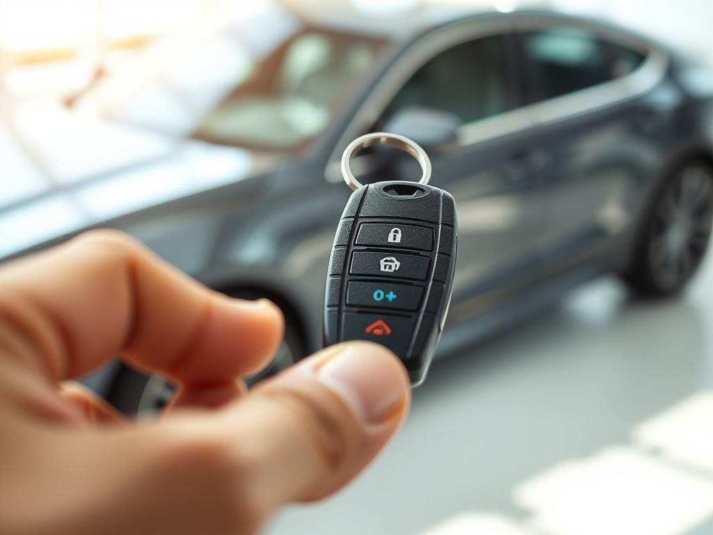 A close-up shot of a car key held in a person's hand, symbolizing auto insurance. The background should feature a soft-focus image of a modern car, creating a sense of protection and reliability. The lighting should be bright and inviting, highlighting the key and the car, emphasizing the theme of security and assurance.