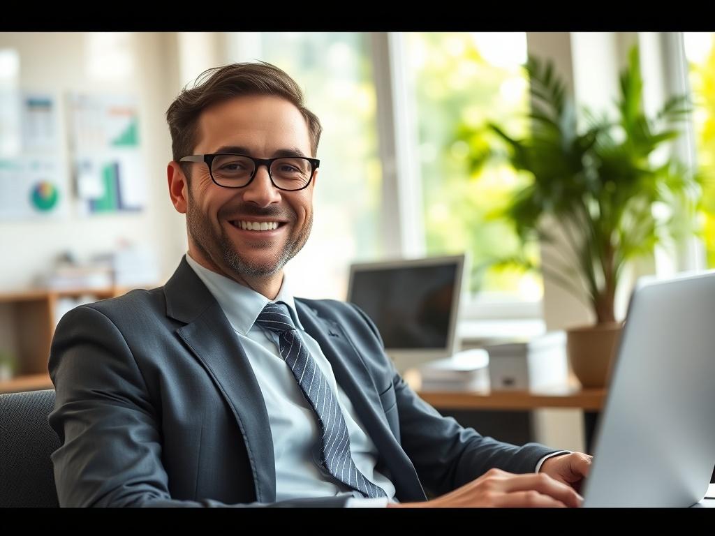 A close-up shot of a confident insurance agent in a professional setting, wearing a suit and tie, with a warm smile. The agent is sitting at a modern desk with a laptop open, showcasing a bright and inviting office environment. Natural light flows in through a window, highlighting the agent's approachable demeanor. The background features subtle hints of insurance-related materials, like brochures or charts, while maintaining a clean and green aesthetic.