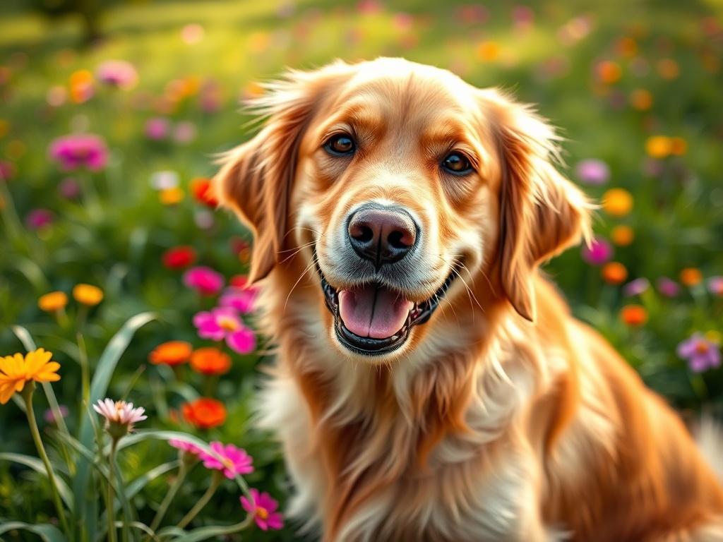 A close-up shot of a happy golden retriever with a shiny coat sitting in a lush green park. The dog is looking directly at the camera with a playful expression, surrounded by vibrant flowers and soft grass in the background. The lighting is warm and natural, enhancing the dog's features and creating a welcoming atmosphere. The image should evoke feelings of joy and companionship, showcasing the bond between pets and their owners.