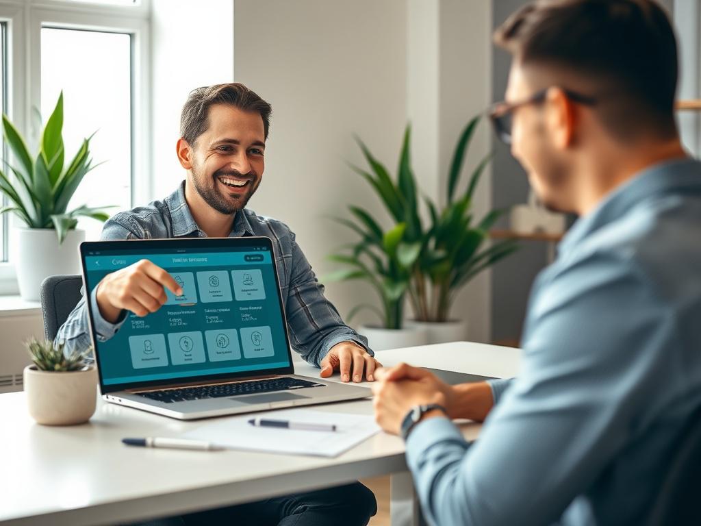 A close-up shot of a friendly insurance agent sitting at a desk, engaging with a client in a modern office setting. The agent is smiling and pointing to a laptop screen displaying various insurance options. The background features a clean and organized workspace with plants and a decorative insurance-related item. The image should have a soft focus on the background, emphasizing the agent and client interaction, captured using a 45mm f/1.2 lens style to create a warm, inviting atmosphere.
