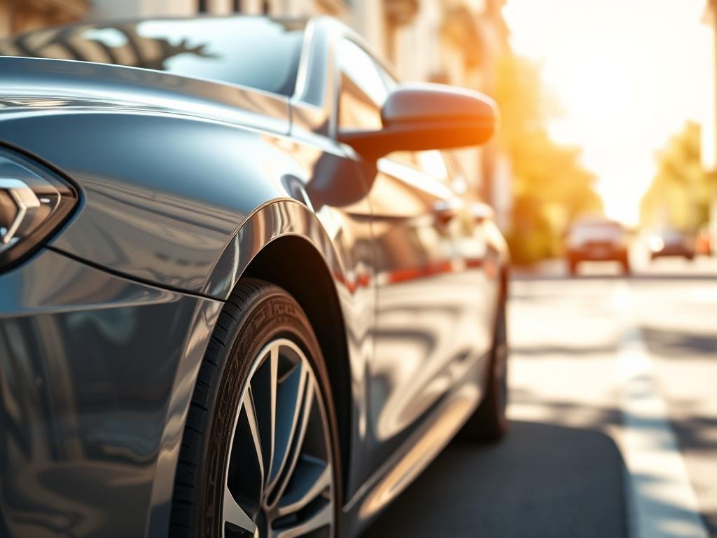 A close-up shot of a modern car parked on a sunny street, showcasing its sleek design and shiny exterior. The background should be blurred, emphasizing the car while giving a sense of a vibrant, urban environment. The color palette should feature bright and lively tones, capturing the essence of a carefree drive. The image should reflect a sense of security and luxury, inviting viewers to consider auto insurance.