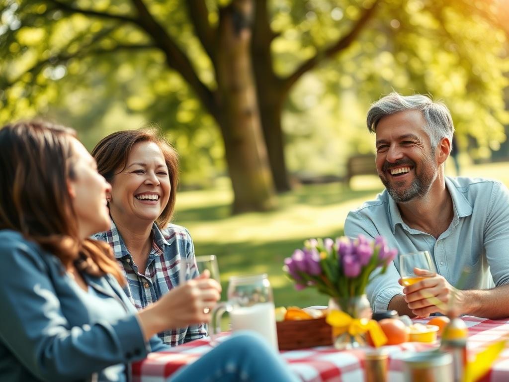 A close-up shot of a happy family enjoying a picnic in a sunny park, radiating warmth and togetherness. The scene should capture the joy of family moments, with laughter and love evident on their faces. The background should be softly blurred, highlighting the family's connection while showcasing a beautiful, green park setting. The image should evoke feelings of security and happiness, emphasizing the importance of life insurance.