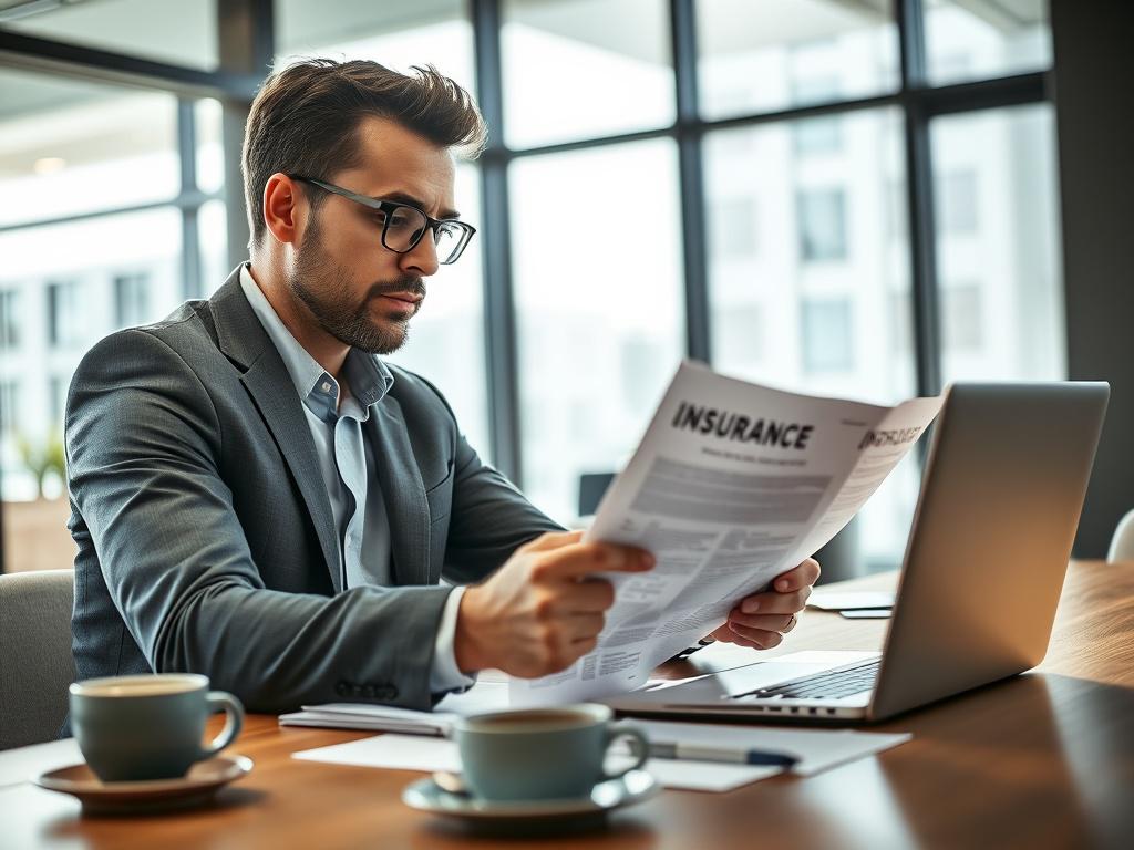 A close-up shot of a business owner reviewing insurance documents in a modern office setting. The individual is focused on the paperwork, with a laptop and a cup of coffee on the desk. The background features a large window with natural light pouring in, creating a clean and professional atmosphere. The image should be shot with a 45mm f/1.2 lens style, highlighting the details of the documents and the business owner's expression of concentration. The primary color theme should be compatible with rgb(21, 19