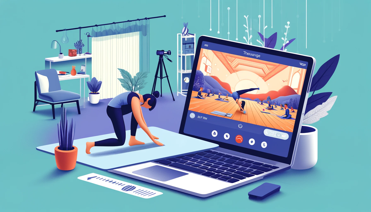 dall·e 2024-12-01 20.02.36 - a vibrant and engaging digital illustration of an online stretch therapy session. the scene features a professional therapist teaching stretching tech.webp