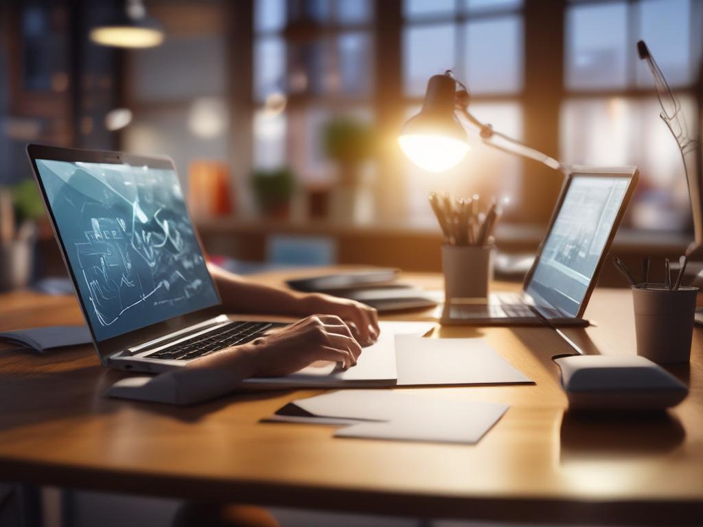 A close-up shot of a person working on a laptop, focused on a digital design project. The setting is bright and inviting, showcasing a modern workspace with a clean background. The subject displays concentration and creativity, with vibrant colors reflecting the RGB(50, 170, 39) theme.