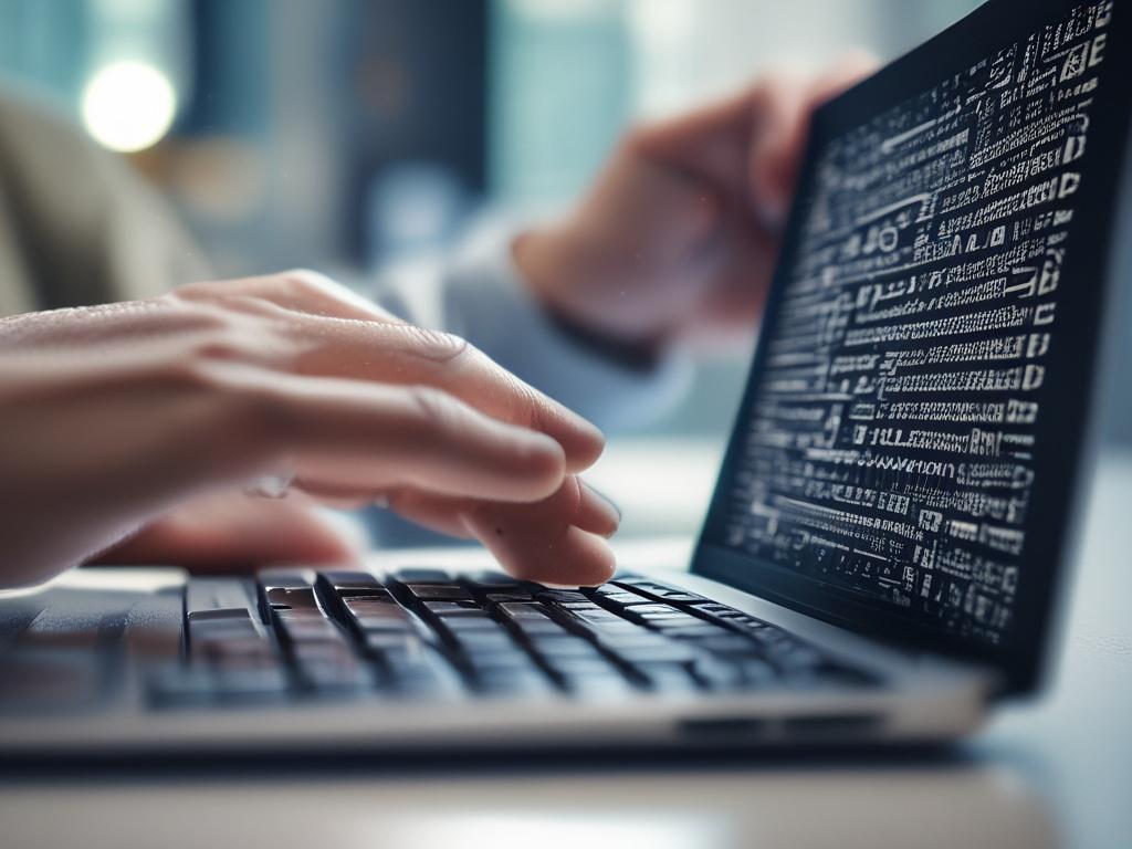 A hyper-realistic close-up shot of a computer screen displaying code, with a focused view of a developer's hands typing on a keyboard. The background is softly blurred, emphasizing the screen's content. The color scheme features vibrant greens (rgb(50, 170, 39)) that match the primary color theme.