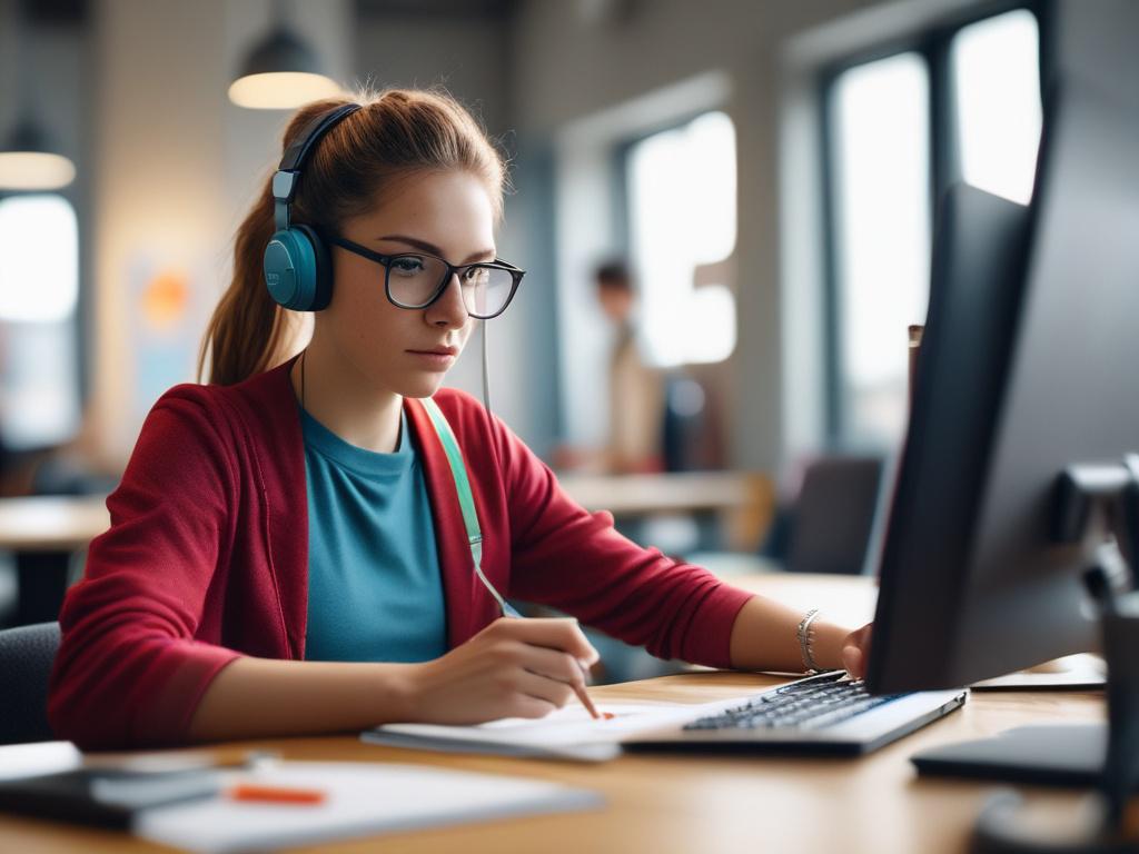 A close-up shot of a focused student engaging with digital design tools, showcasing a modern workspace with vibrant colors, emphasizing the creative process and technology.
