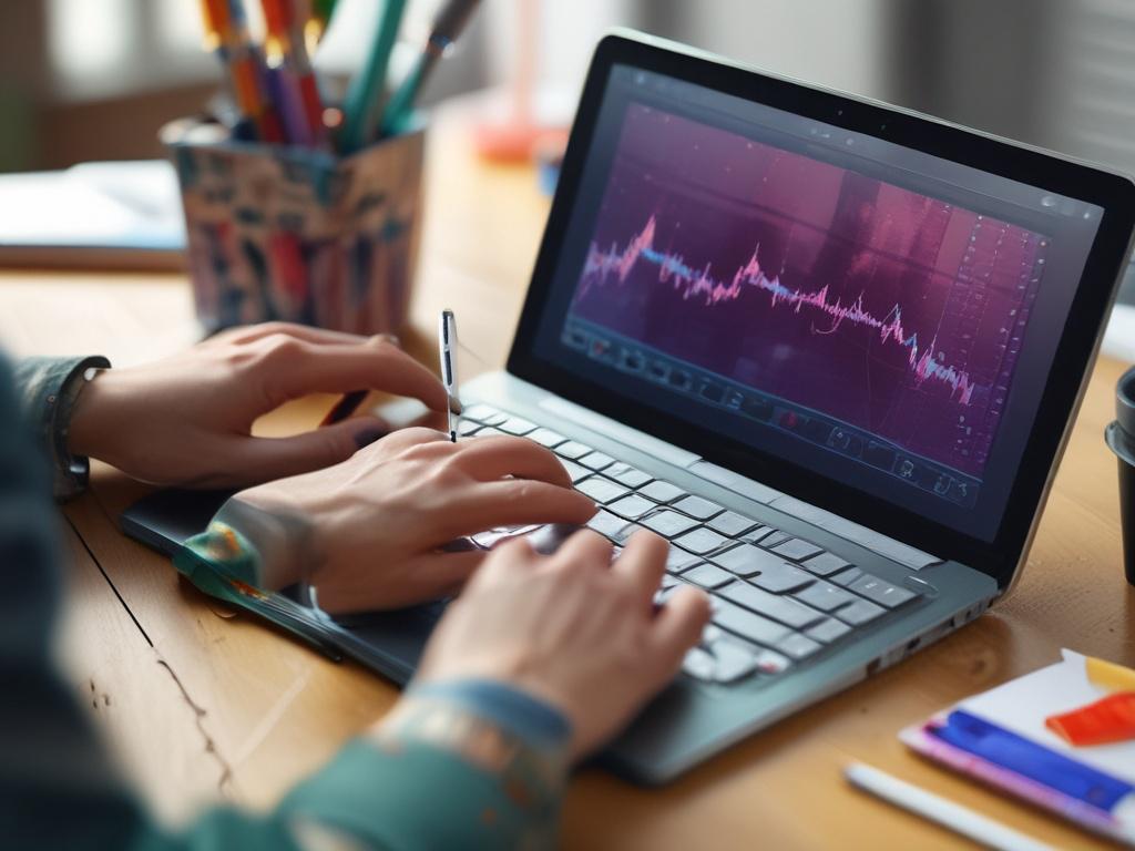 a close-up shot of a designer working on a graphics tablet, vibrant colors, a clean workspace, hyper-realistic, focus on the tablet and hands, background softly blurred