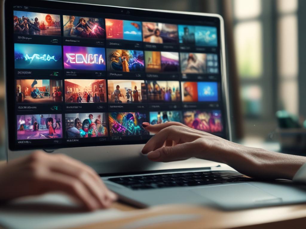 a close-up shot of a video editor using editing software on a laptop, colorful video clips on the screen, hyper-realistic, focus on the laptop and hands, background softly blurred