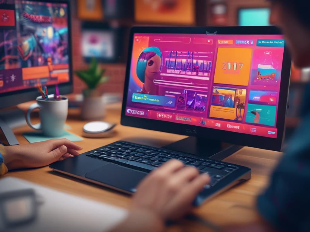 a close-up shot of a person designing an e-commerce website on a computer, vibrant colors on the screen, hyper-realistic, focus on the computer and hands, background softly blurred
