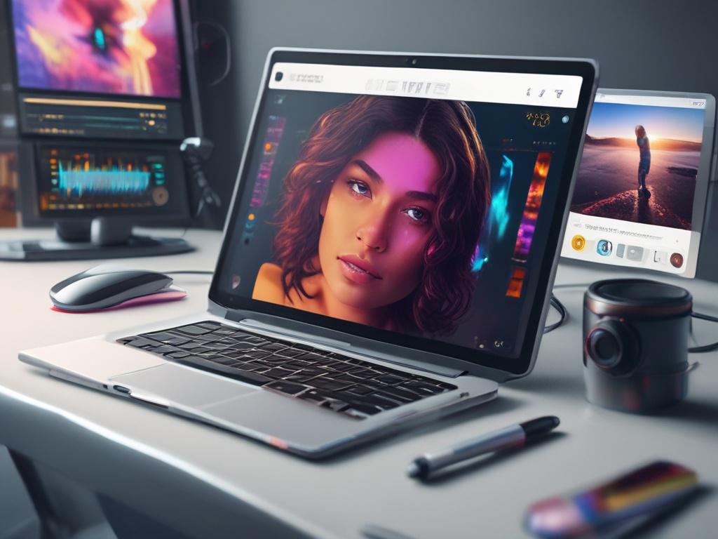 a close-up shot of a video editor focused on a screen, colorful video clips displayed, hyper-realistic, RGB(50, 170, 39) background
