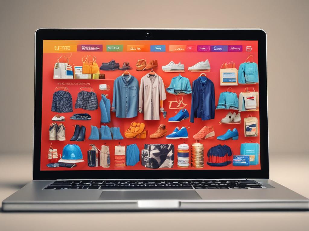 a close-up shot of an e-commerce website on a laptop screen, vibrant product images displayed, hyper-realistic, RGB(50, 170, 39) background