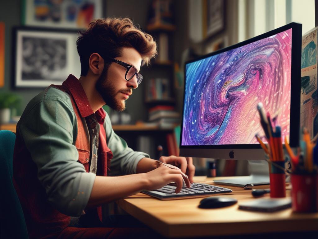 a close-up shot of a graphic designer working on a computer, showcasing vibrant designs and tools, hyper-realistic, RGB(50, 170, 39) background