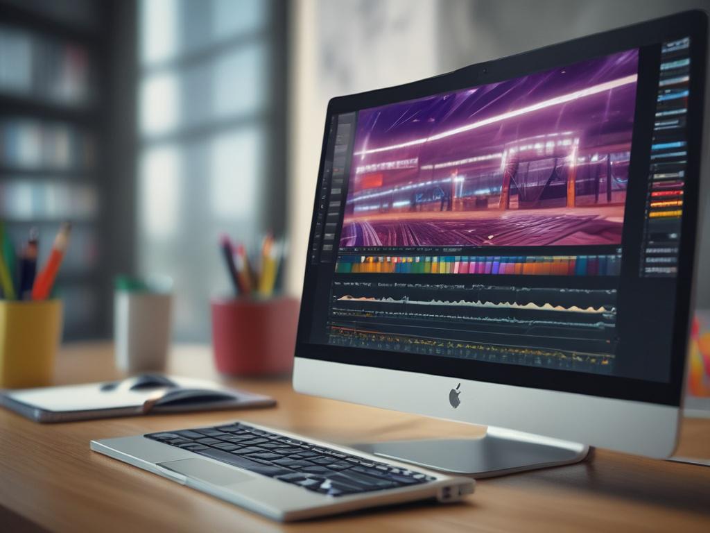 A close-up shot of a video editing software interface on a laptop screen, with colorful clips and timeline visible, set in a dynamic editing environment, captured with a 45mm f/1.2 lens.