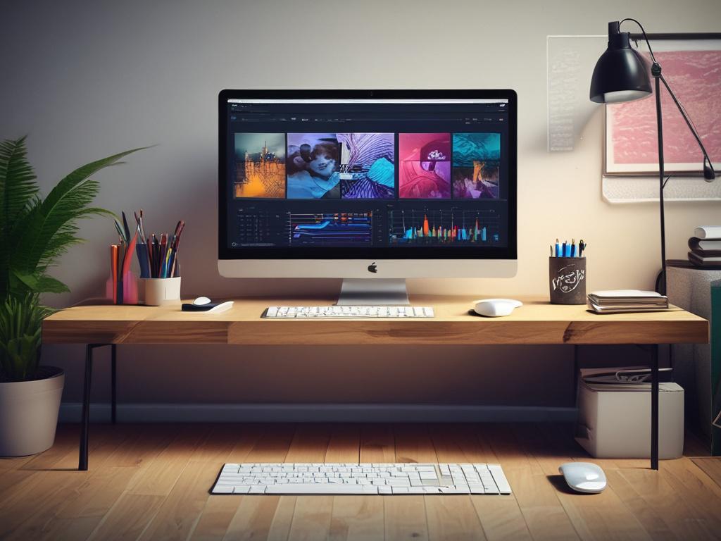 A close-up shot of a computer screen displaying vibrant graphic design projects, with design software open and a stylish workspace in the background, captured with a 45mm f/1.2 lens.