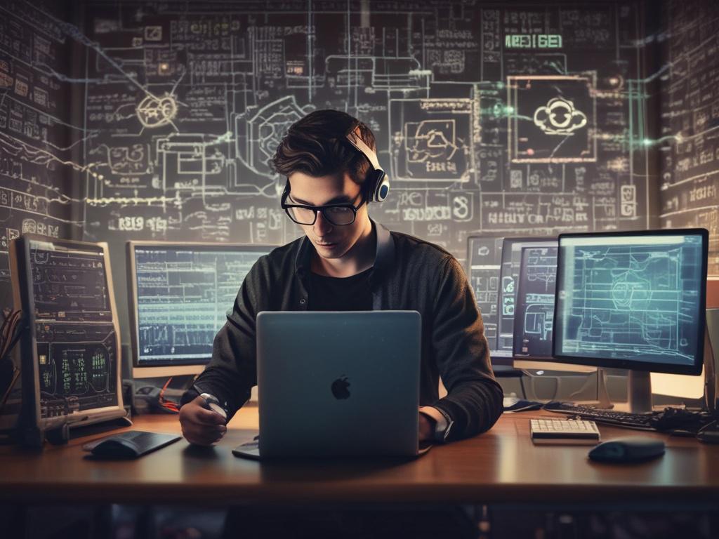 A close-up shot of a focused individual working on a laptop, surrounded by cybersecurity tools and diagrams. The background features a dimly lit room with a modern tech ambiance. The subject has an intense expression, reflecting concentration and expertise. The image is rendered in hyper-realistic style, with vivid details that highlight the individual and their workspace.