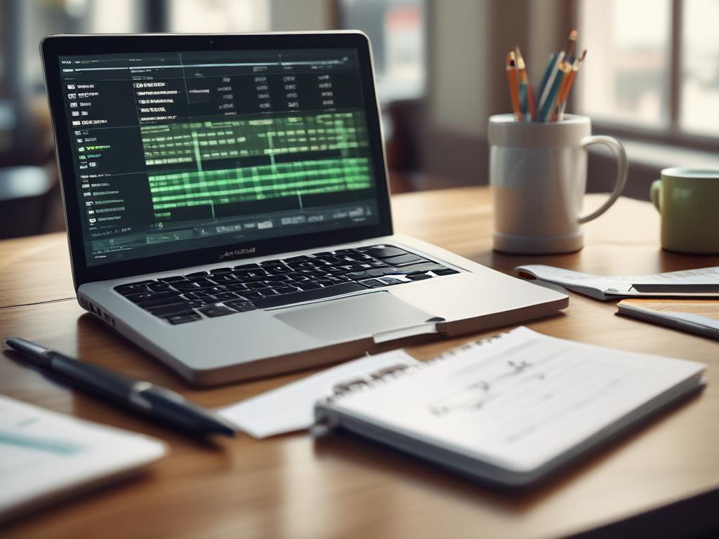a realistic high-resolution close-up shot of a laptop displaying an Excel spreadsheet on the screen, with a bright and inviting workspace in the background, shot with a 45mm f/1.2 lens, RGB(50, 170, 39) color accents.