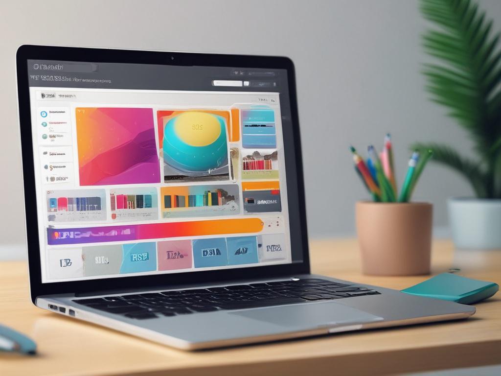 A close-up shot of a laptop screen displaying a colorful UI/UX design interface, set against a clean, minimalistic workspace background. The image should focus on the screen with high-resolution details and vibrant colors, captured with a 45mm f/1.2 lens. The primary color theme should reflect rgb(50, 170, 39).