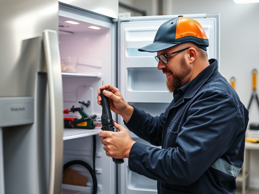Professional appliance repair technician working on a refrigerator