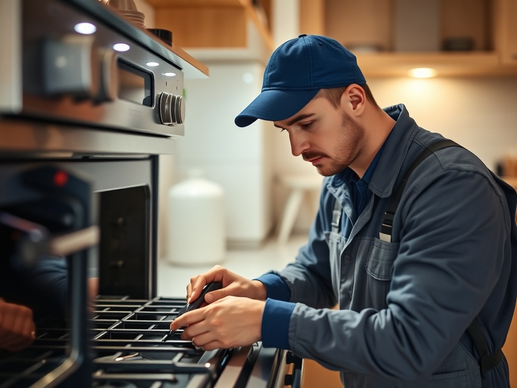 Professional appliance repair technician fixing a stove in a kitchen