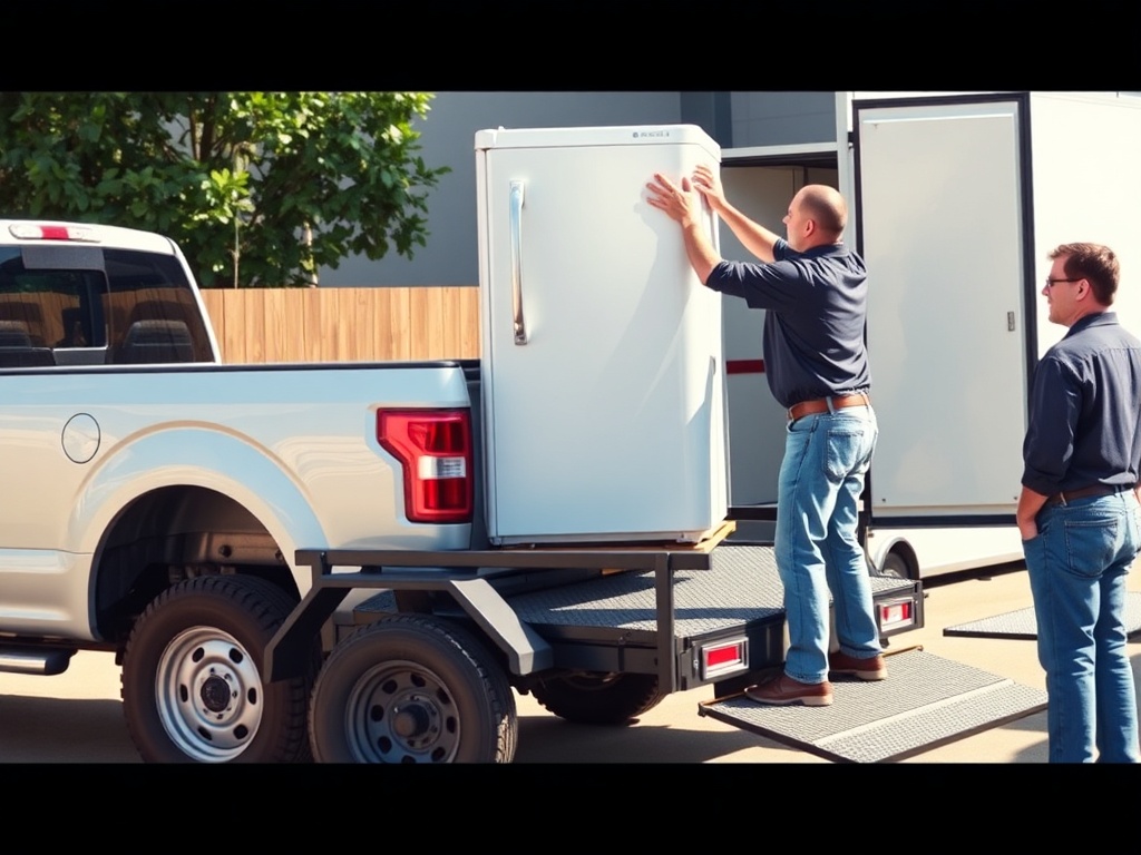 Two professional men loading a refrigerator onto a trailer attached to a pickup truck
